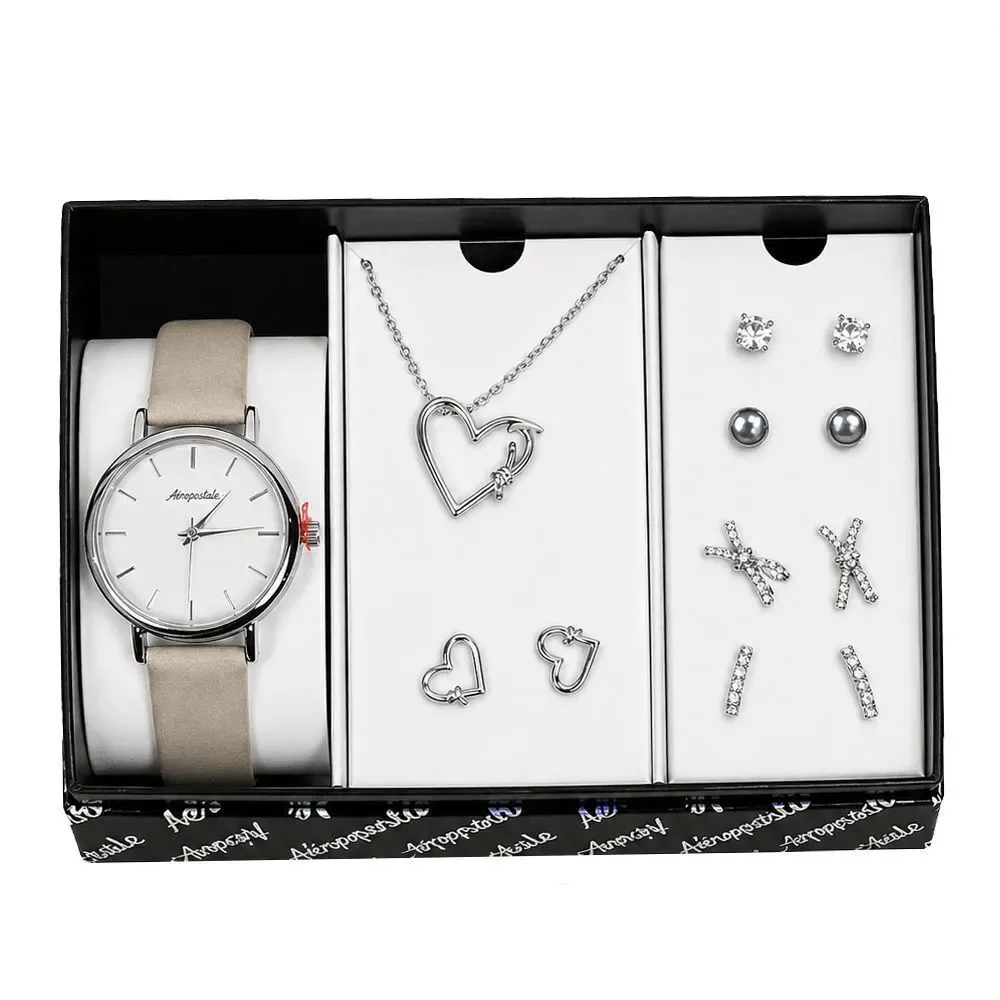 Aeropostale Watch Jewelry Set Necklace Earrings Silver Tone Heart